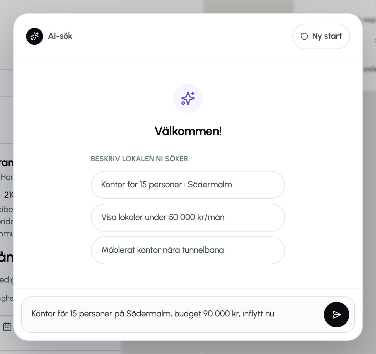 The AI search panel: a chat-style panel headed “AI-sök” with suggested prompts and a typed request for a 15-person office on Södermalm under 90,000 kr.